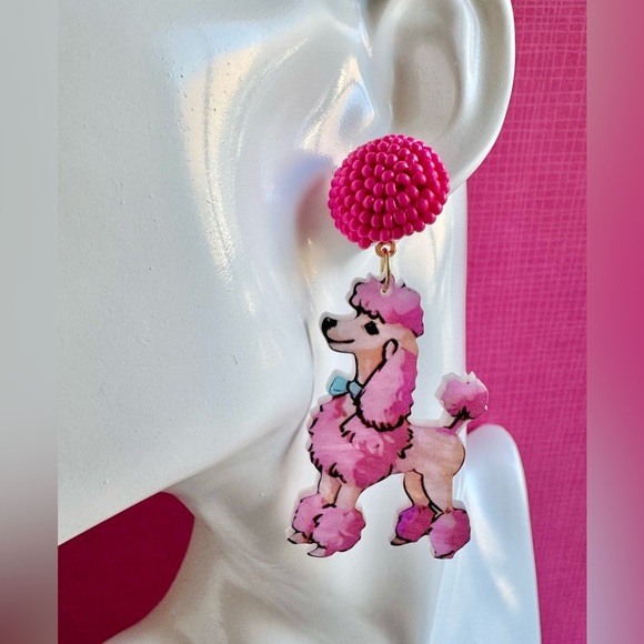New Fun Acrylic Pink Poodle Dog w/ Beads Statement Dangle Earrings - 2.75” - Picture 2 of 5